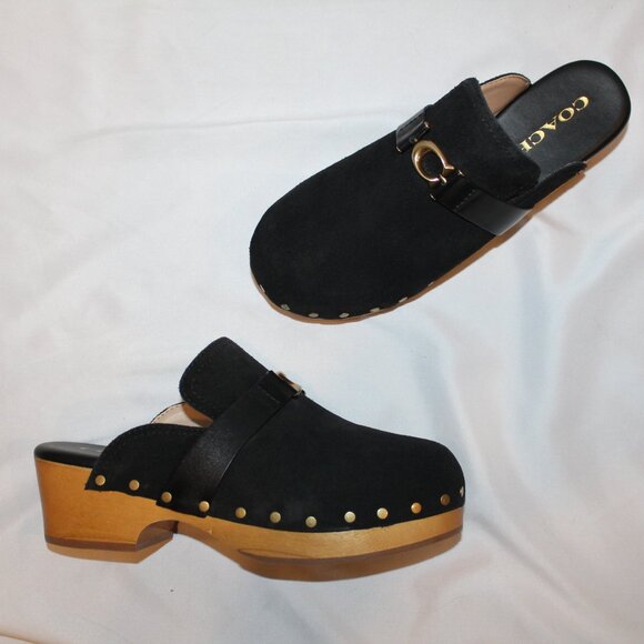 NIB COACH WOMEN'S FINLAY SUEDE PLATFORM CLOGS BLACK SZ 7.5 - Picture 2 of 8